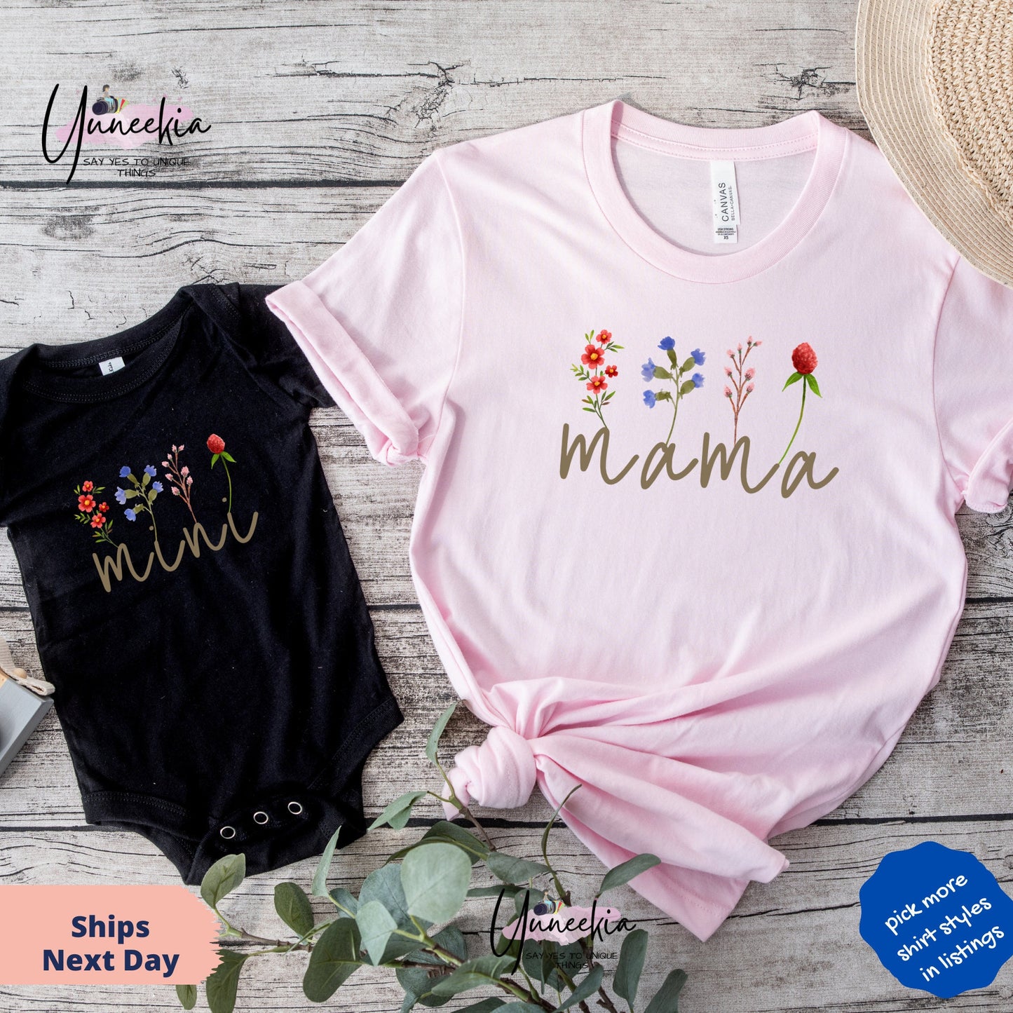 Mama And Mini with Wild Flowers Matching Gift Set for Baby Shower,Mama Mini Matching Set for New Mom Gift Idea,Baby and Mama,Mini Bodysuit