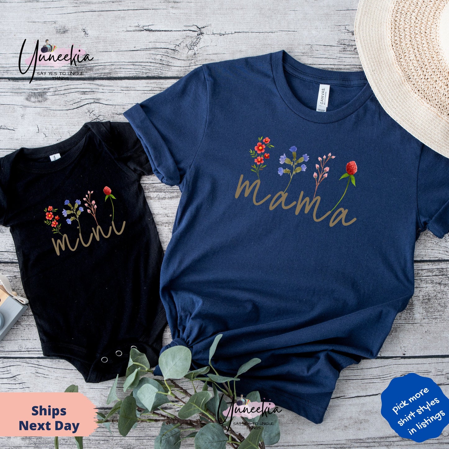 Mama And Mini with Wild Flowers Matching Gift Set for Baby Shower,Mama Mini Matching Set for New Mom Gift Idea,Baby and Mama,Mini Bodysuit