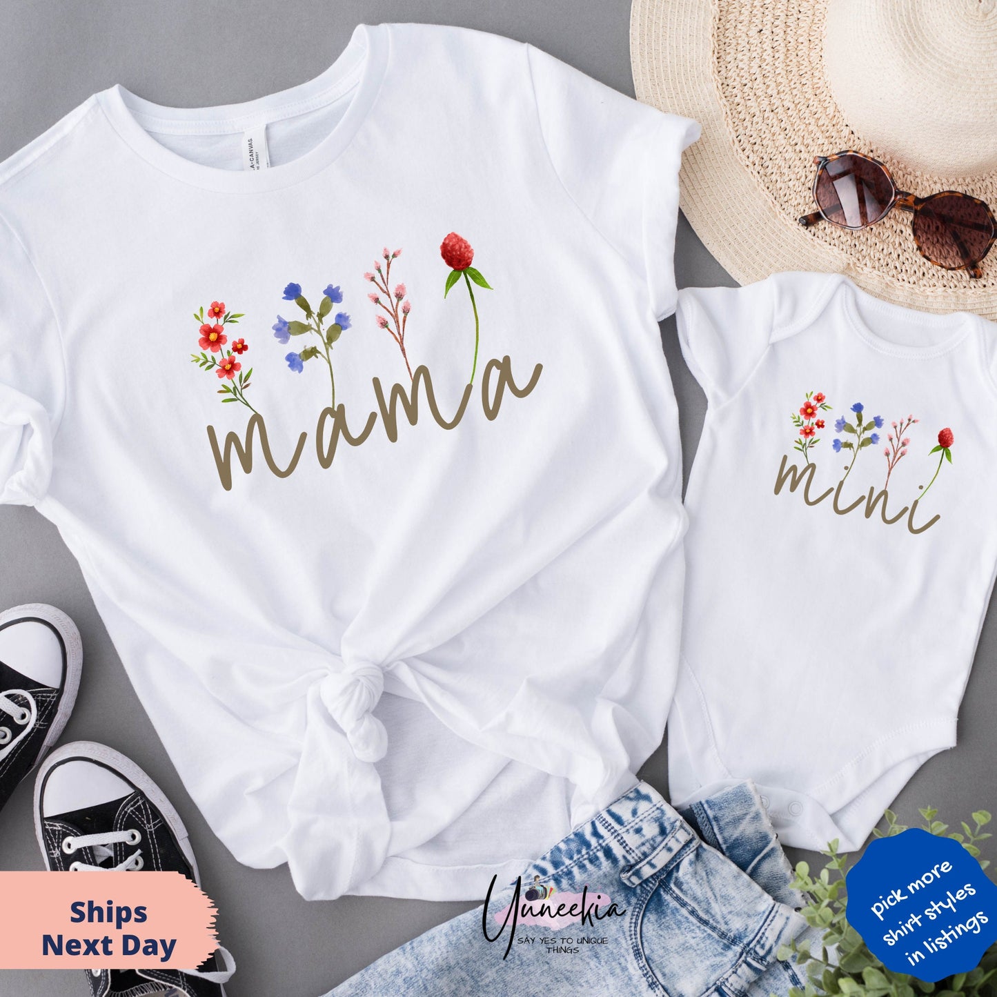 Mama And Mini with Wild Flowers Matching Gift Set for Baby Shower,Mama Mini Matching Set for New Mom Gift Idea,Baby and Mama,Mini Bodysuit