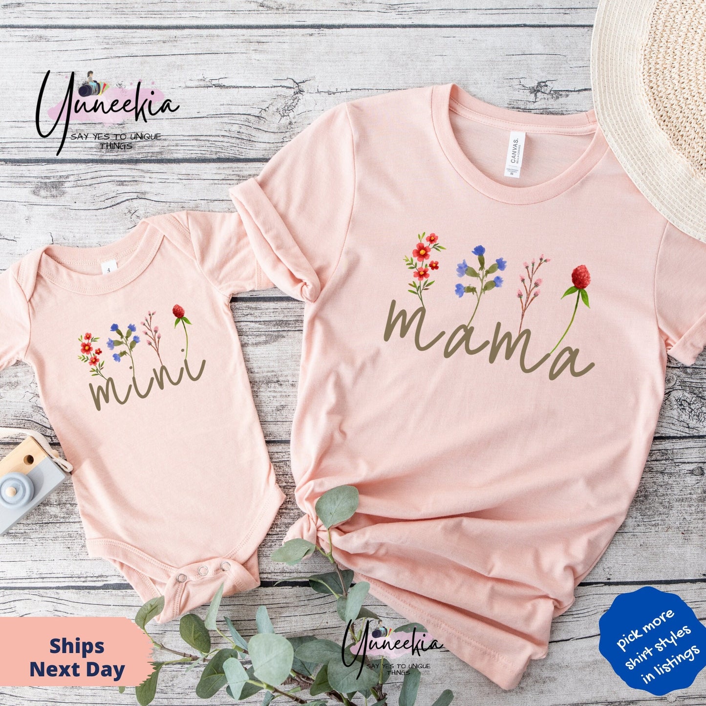 Mama And Mini with Wild Flowers Matching Gift Set for Baby Shower,Mama Mini Matching Set for New Mom Gift Idea,Baby and Mama,Mini Bodysuit