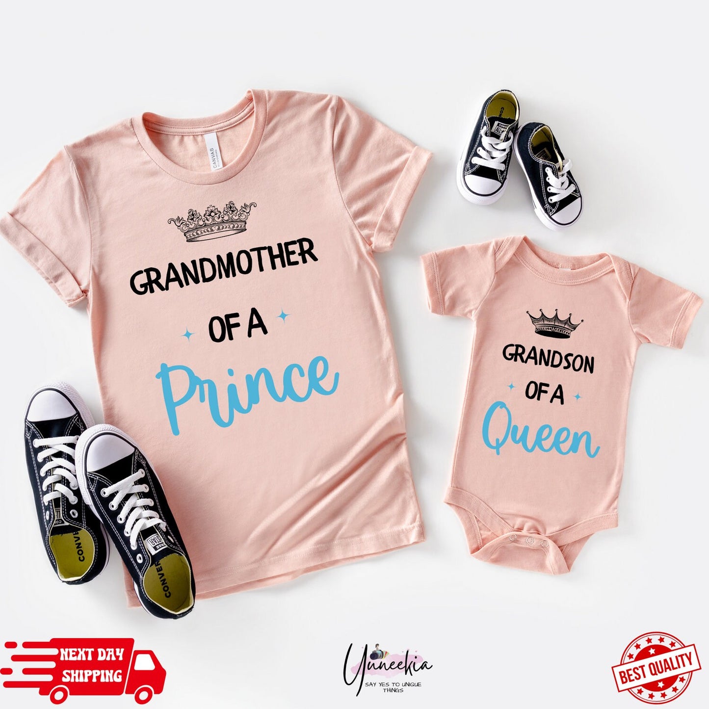 Grandmother of a Prince, Grandson of a Queen Matching Grandma and Me Shirts for Baby Boy, Toddler, Grandma and Baby Matching Outfits Clothes