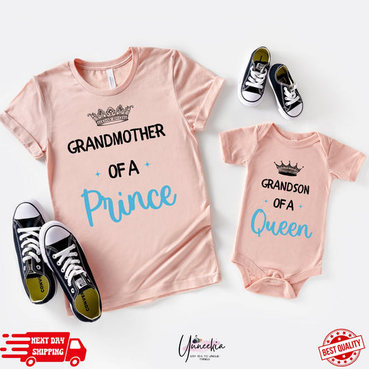 Grandmother of a Prince, Grandson of a Queen Matching Grandma and Me Shirts for Baby Boy, Toddler, Grandma and Baby Matching Outfits Clothes